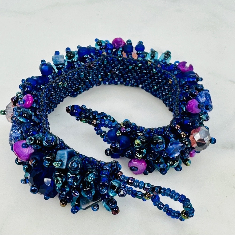 Purple and Blue Handmade Glass Bead Bracelet With Natural Stones Bead Stew 7”